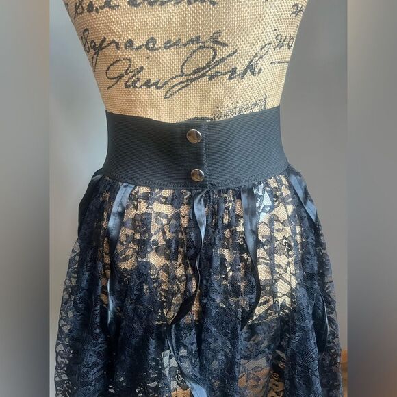 Vintage black tulle floral lace satin ribbon pleated bubble mini skirt Goth - Picture 9 of 12